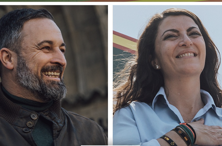 Abascal y Olona, en el cartel de un acto público de Vox esta semana en Almería. Moreno no descarta una segunda vuelta.