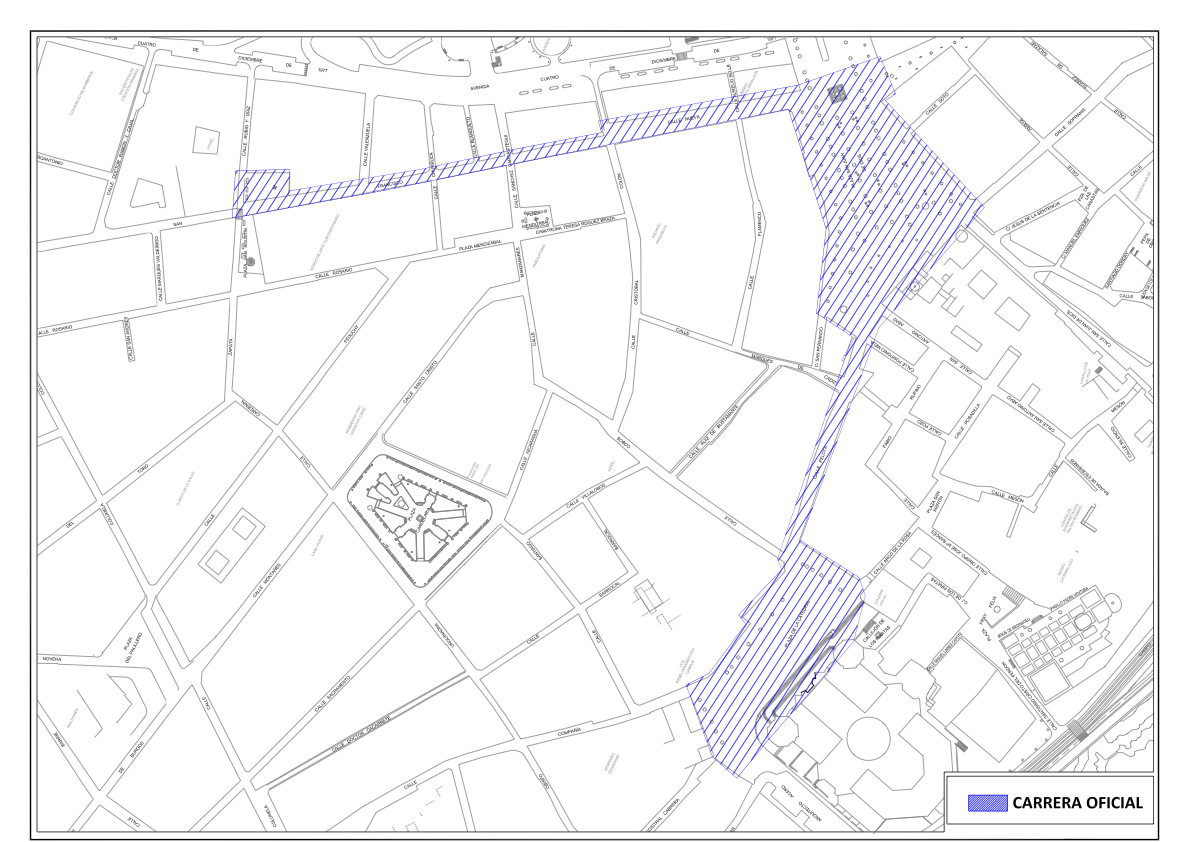 Plano situación Carrera Oficial de la magna con la zona de sillas sombreada.