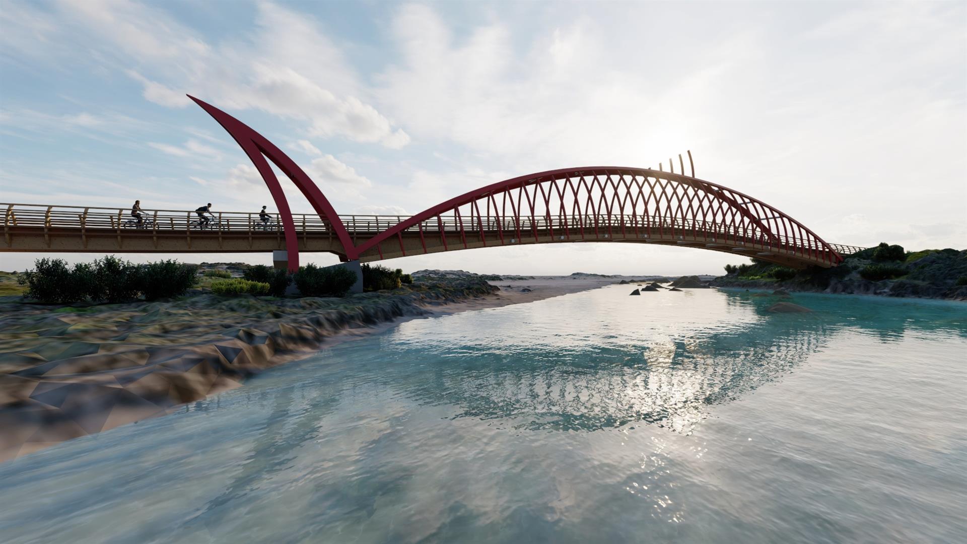 Así será la nueva pasarela ciclopeatonal sobre el río Cachón en Zahara de los Atunes, dentro de Eurovelo 8, ruta que conecta Cádiz y Chipre.