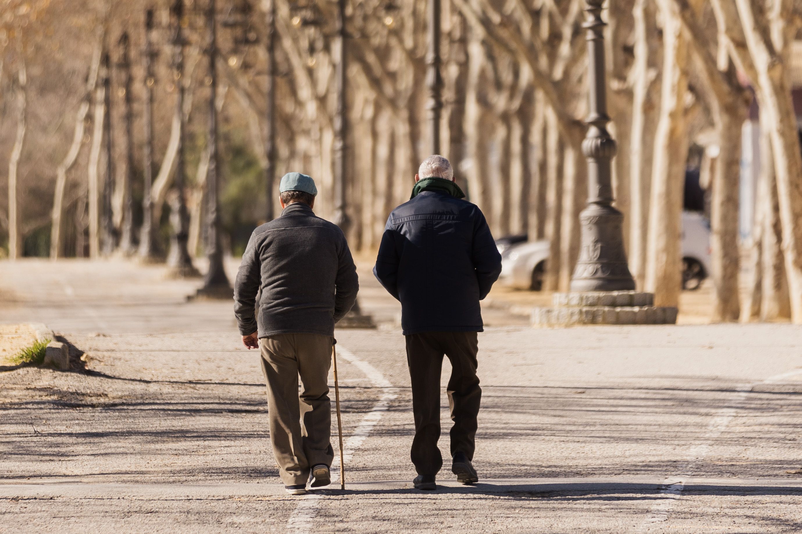 La jubilación. Dos personas mayores paseando en Arcos. 