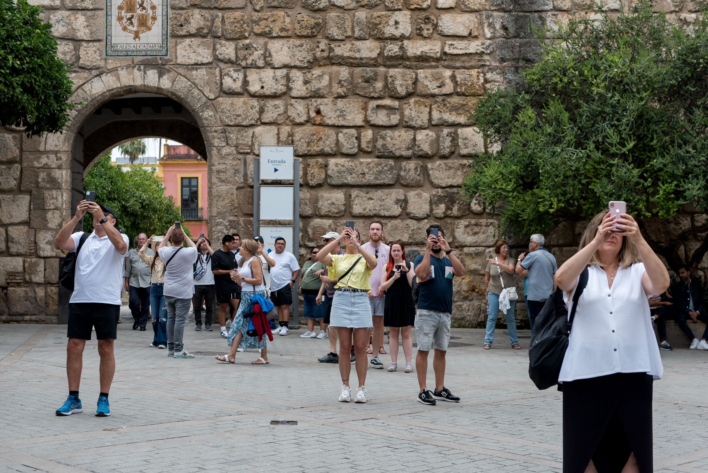 Un grupo de turistas fotografía la Catedral de Sevilla desde el Alcázar.  Andalucía aún no tiene la tasa turística.