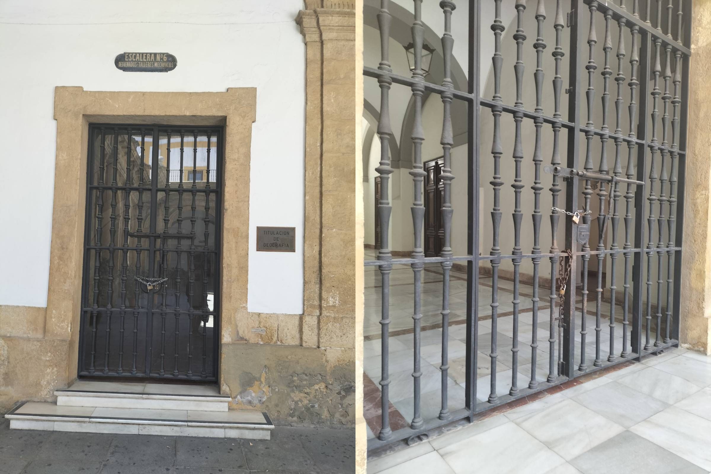 El acceso al interior del Rectorado de la Universidad de Sevilla, cerrado antes de la asamblea por Palestina.