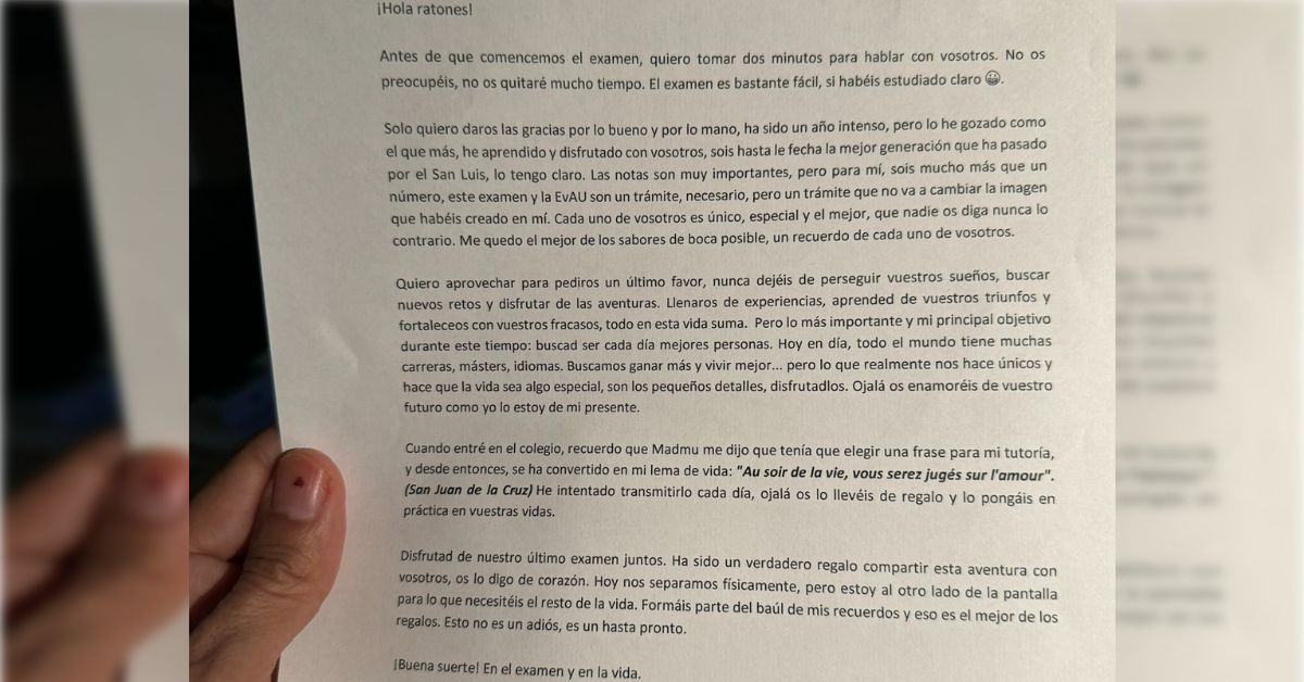 La carta de un profesor a su alumnado antes del examen final.