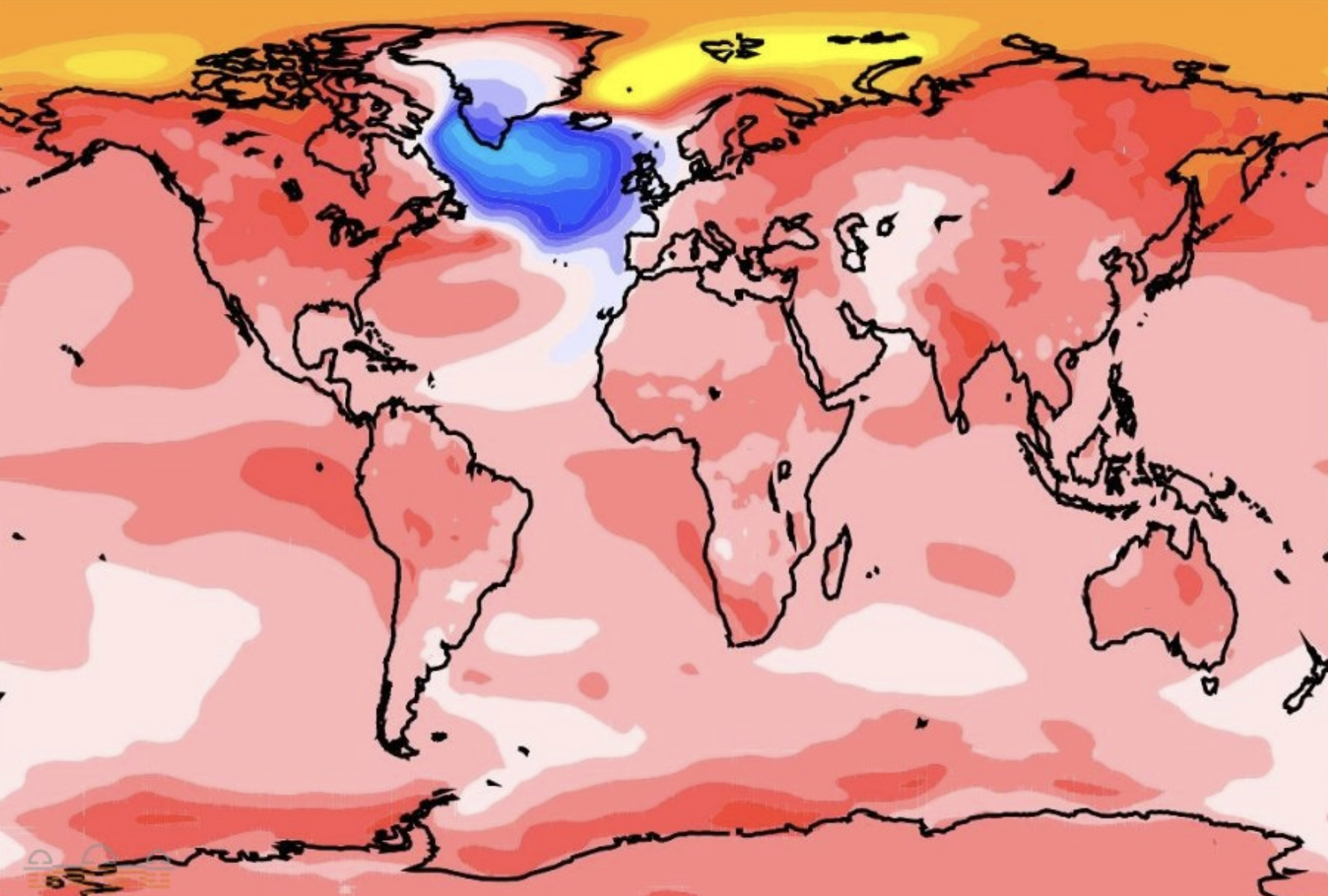 Mapa con el que científicos muestran el riesgo que hay por el calor en la Corriente Circular del Atlántico.