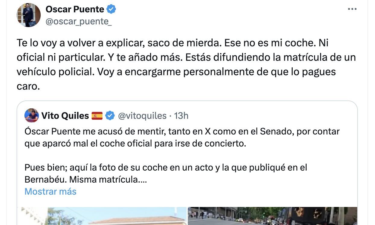 Los tuits del enfrentamiento entre Puente y el jefe de prensa de Alvise, este pasado domingo.