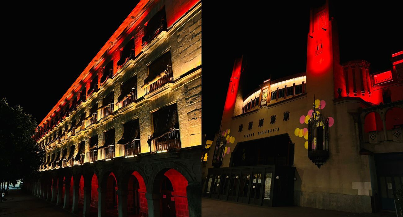 El edificio 'Los Arcos' y el Villamarta, con los colores de la bandera de España.