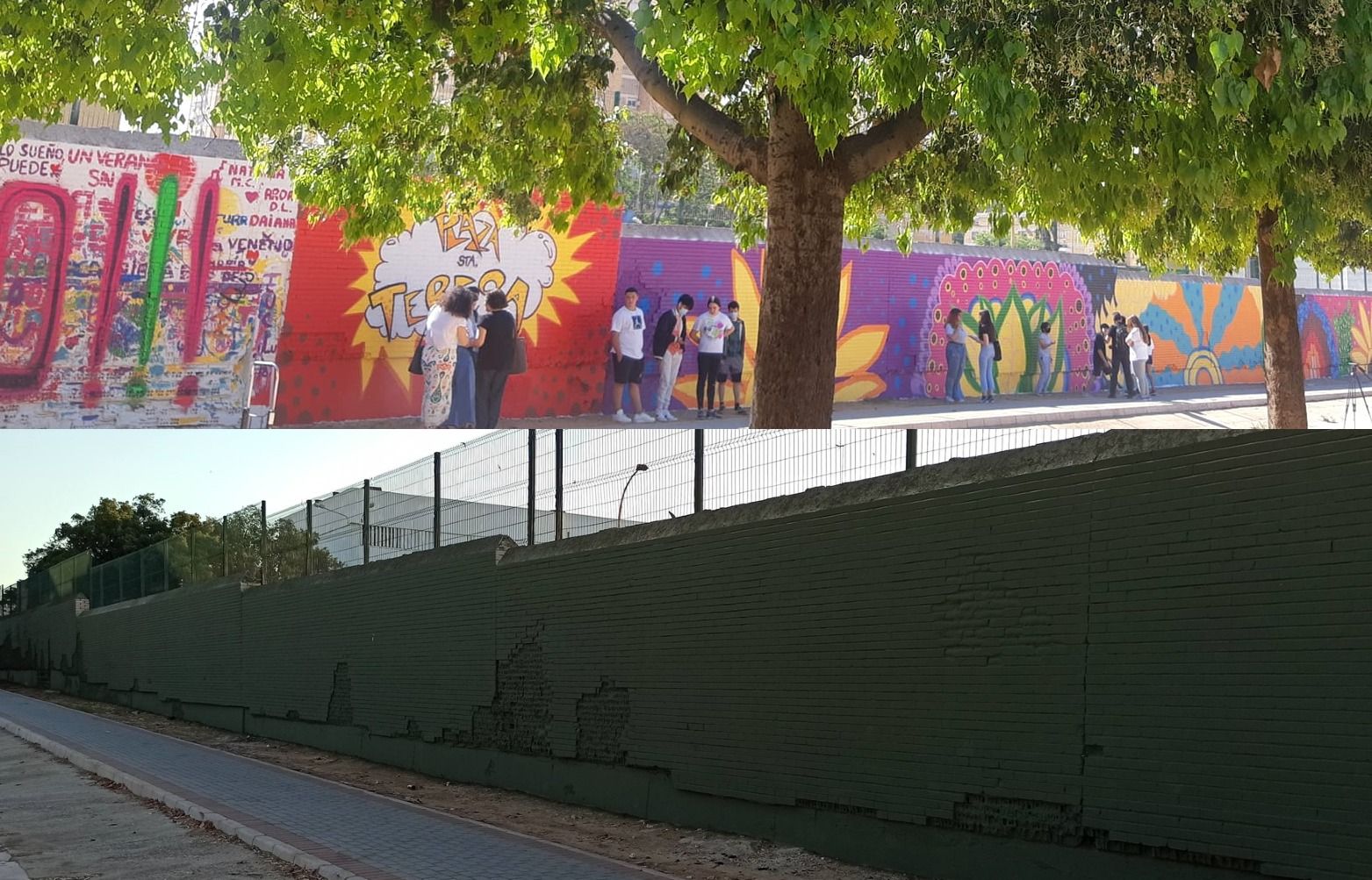 El mural antes y después de la patrulla 'antigrafiti' de Sevilla.