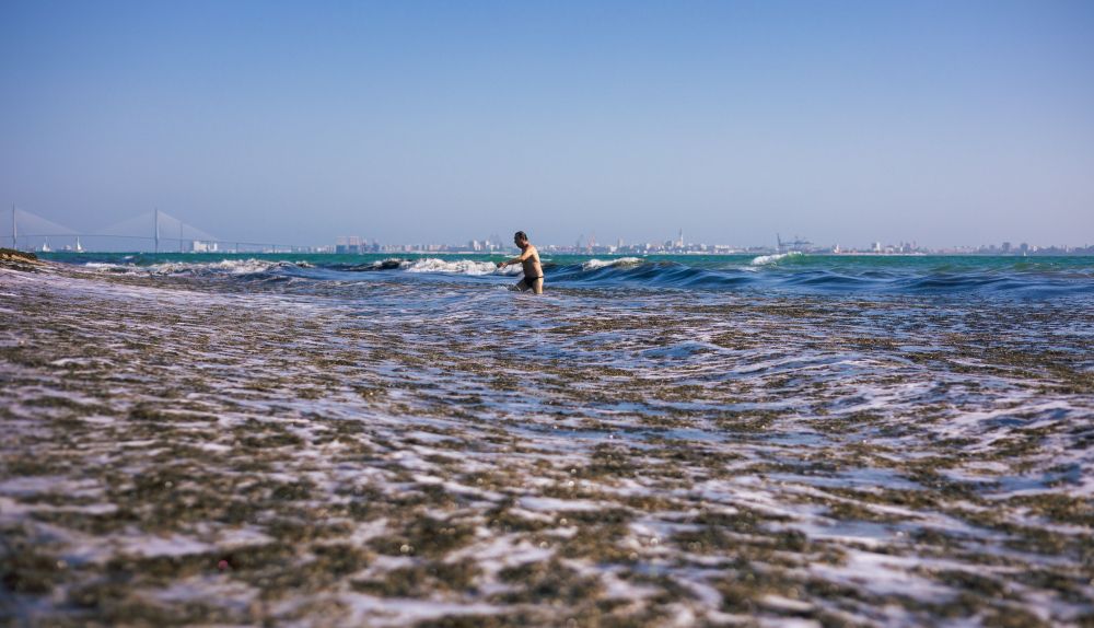 Un hombre se baña en la orilla de la playa de El Buzo.