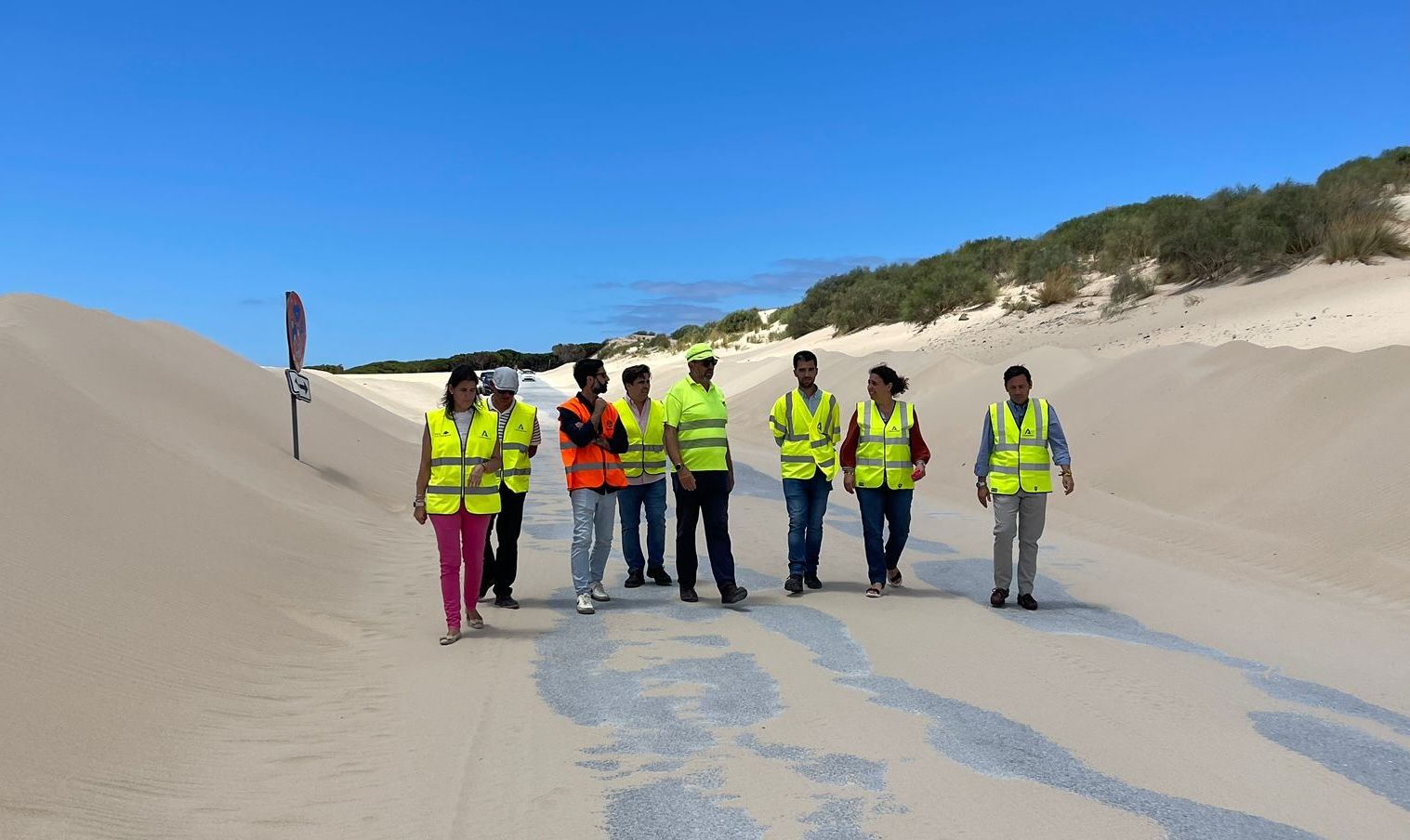 Los delegados y técnicos en la duna de Valdevaqueros.