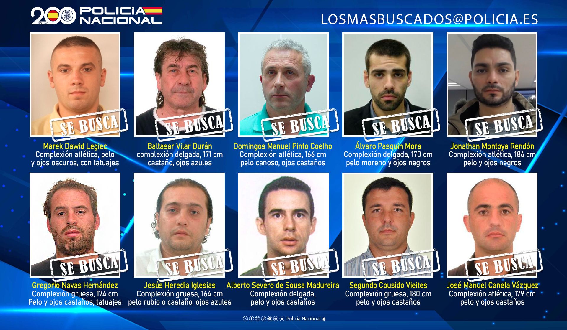 Estos son los diez peligrosos fugitivos que busca la Policía Nacional en España.