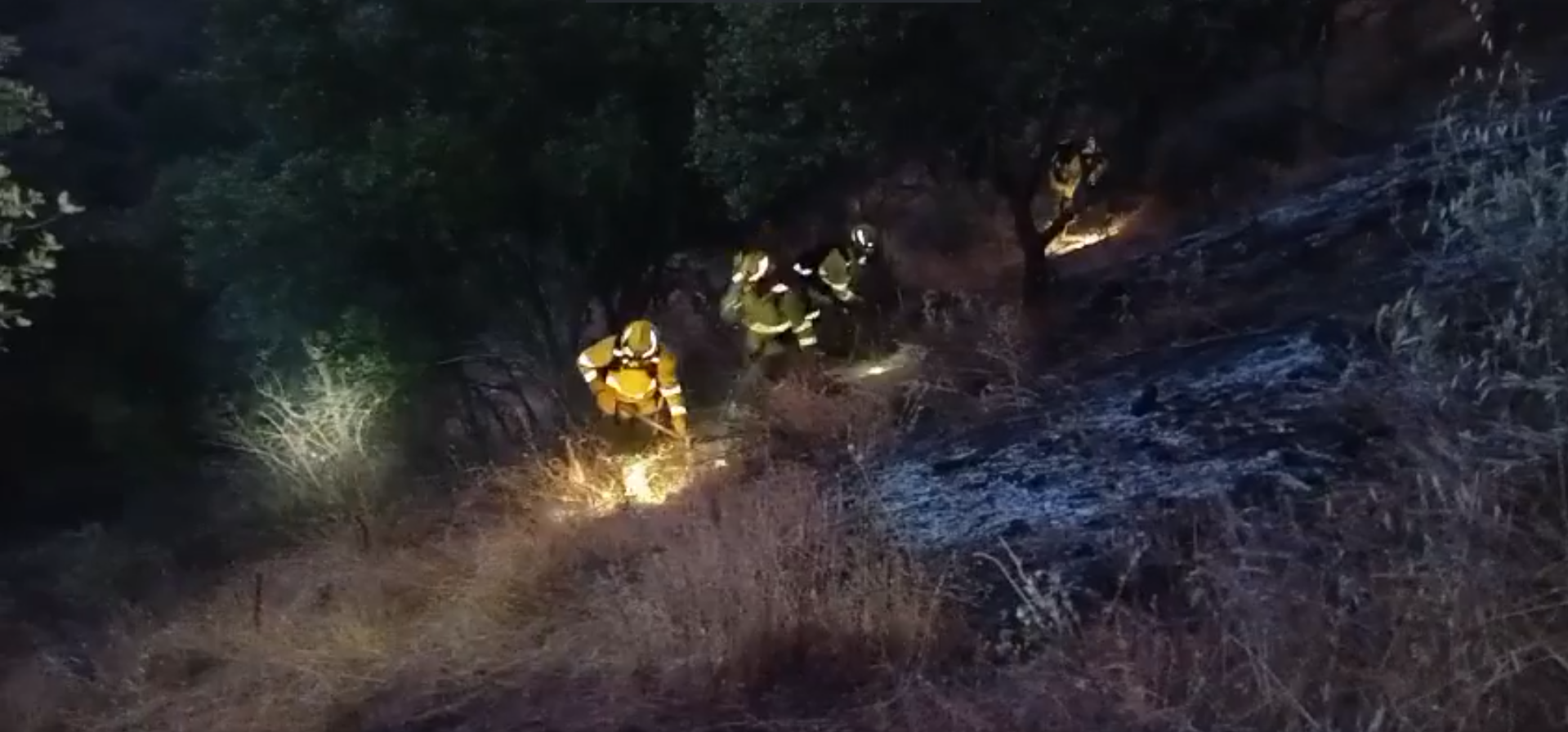 Fotograma de un vídeo compartido por el Infoca donde se ve a varios bomberos trabajando durante la madrugada de este sábado.