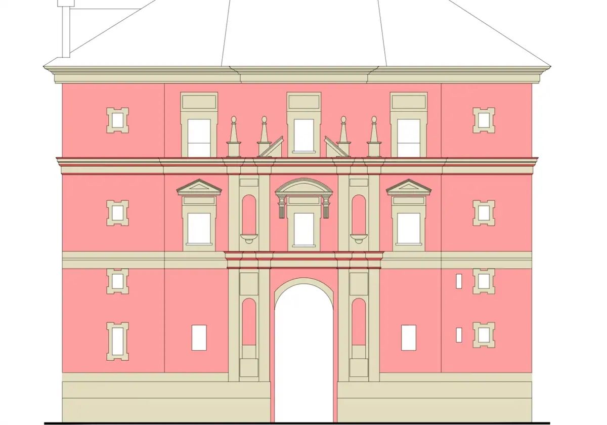 Los nuevos colores de la fachada de San Hermenegildo que se esperan tras la reforma que se está desarrollando.