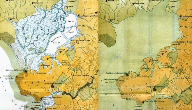 Mapas trazados a mediados del siglo pasado por Juan Gavala Laborde con la evolución de los estuarios del Guadalquivir y el Guadalete.