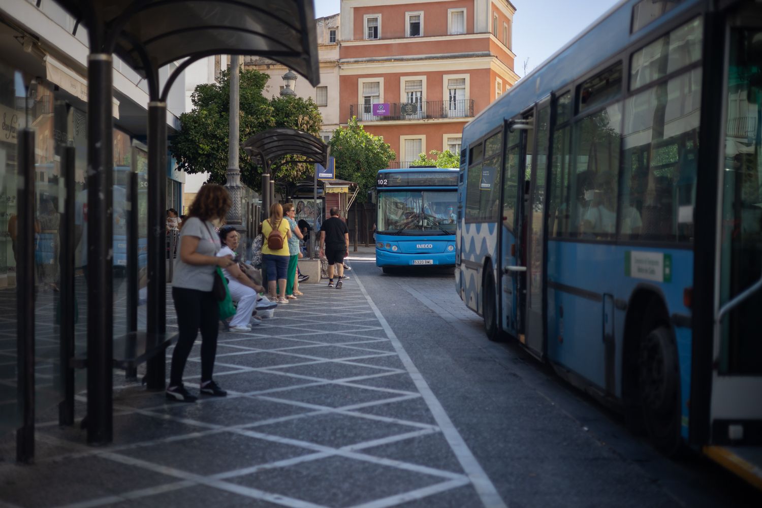 Autobuses urbanos de Jerez en la plaza Esteve.