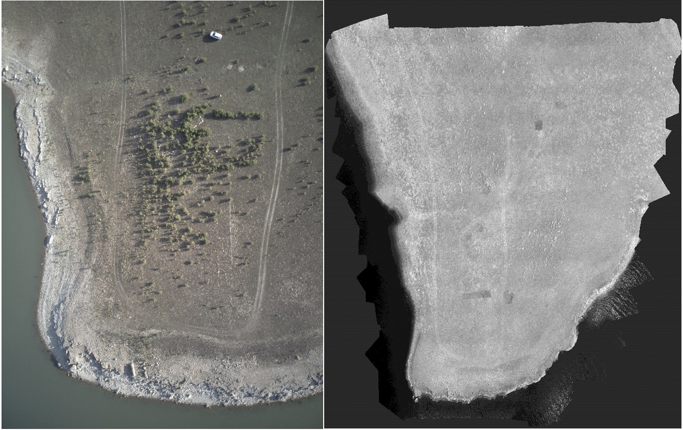 Fotografia del yacimiento de El Canuelo izquierda e imagen obtenida a partir de la camara multiespectral en la banda de infrarrojo cercano NIR derecha