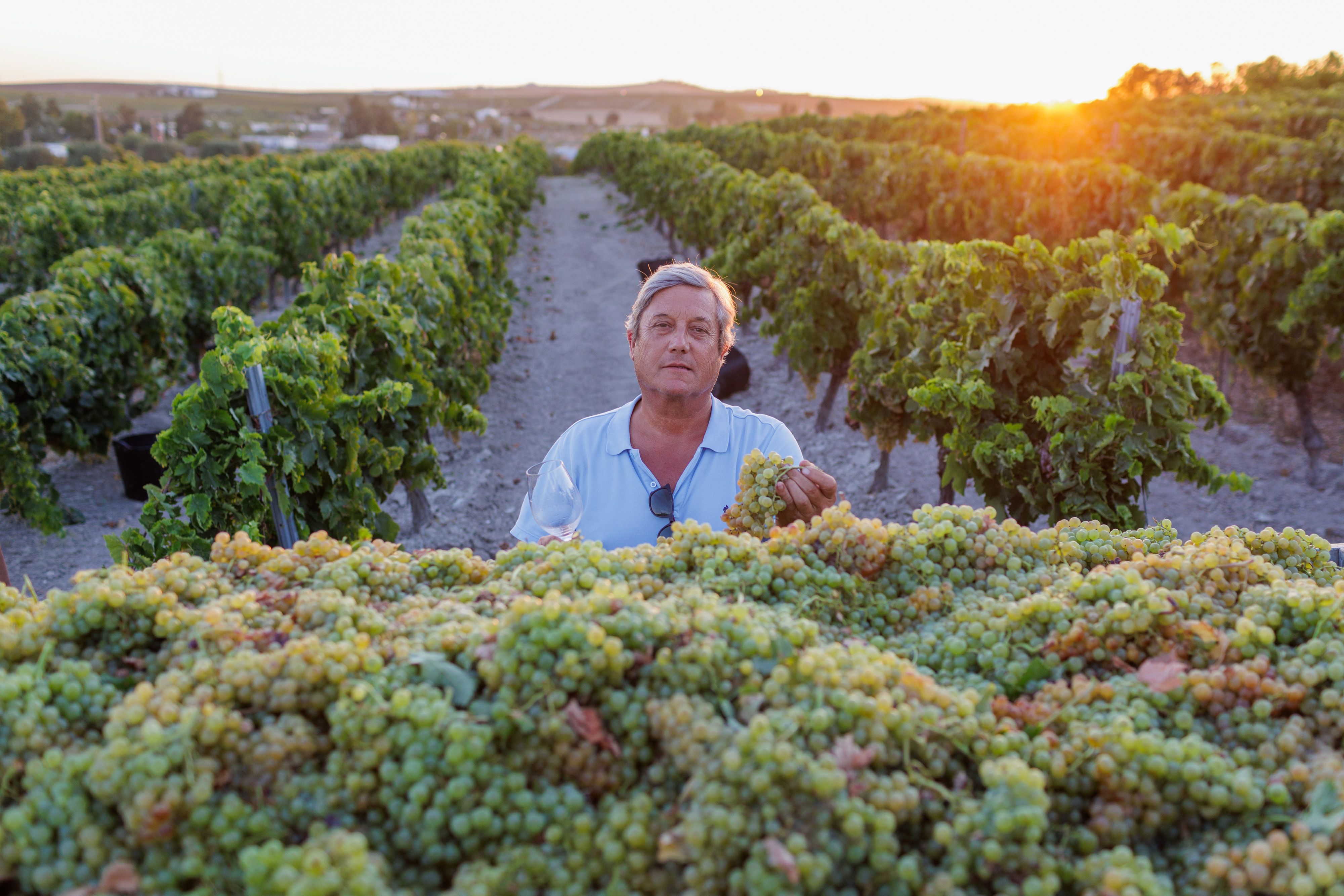 José Manuel Bustillo posa para lavozdelsur.es con un camión lleno de uvas tras una tarde de vendimia.