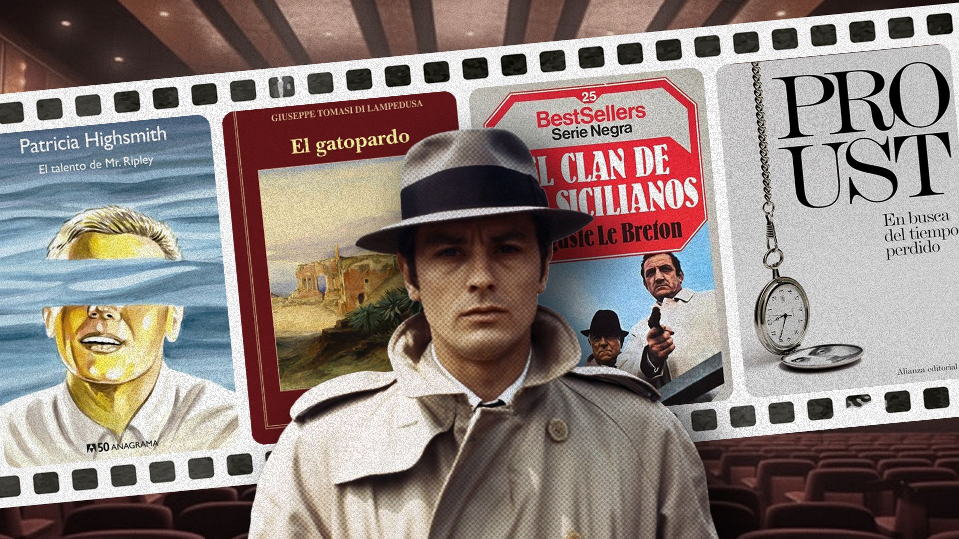 Alain Delon y cuatro de sus películas más conocidas, todas a partir de novelas.