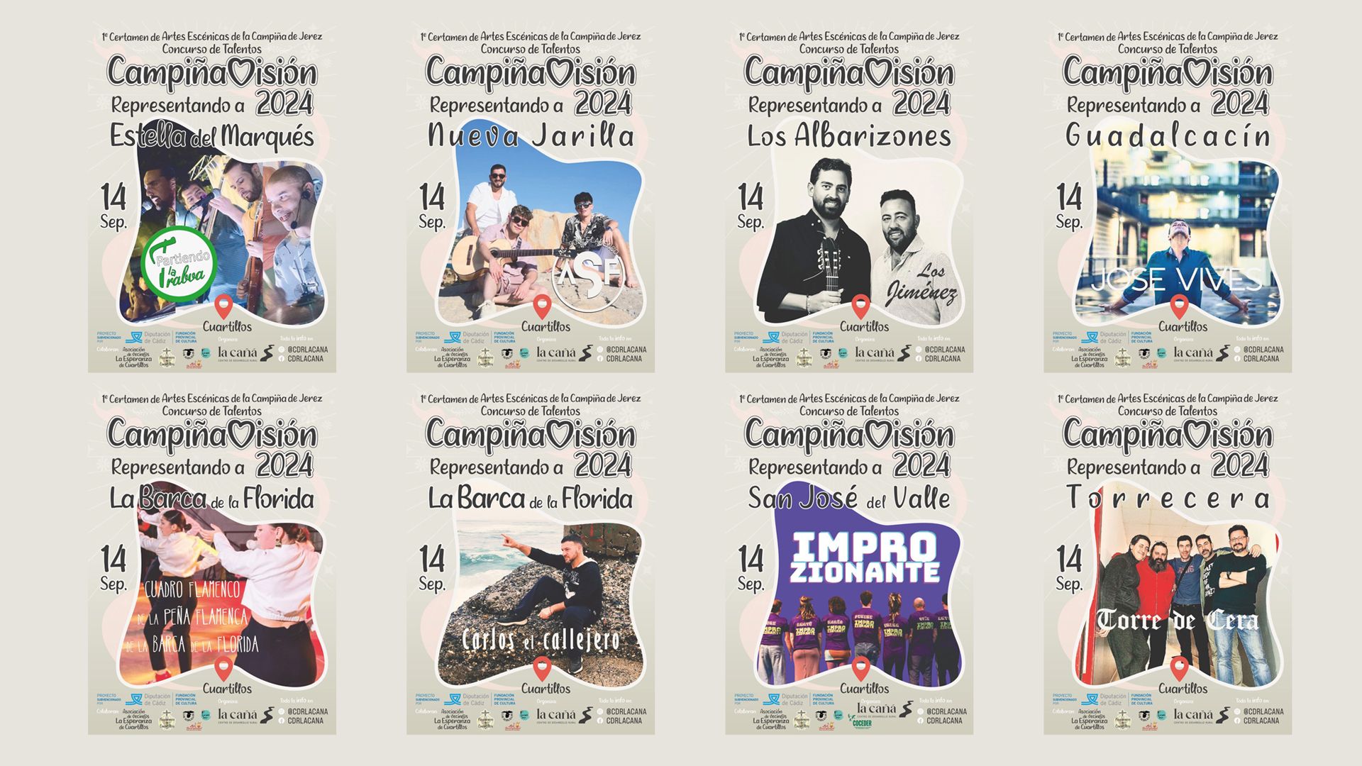 Los carteles de los ocho artistas participantes en Campiñavisión 2024, que se celebra el 14 de septiembre en Cuartillos.