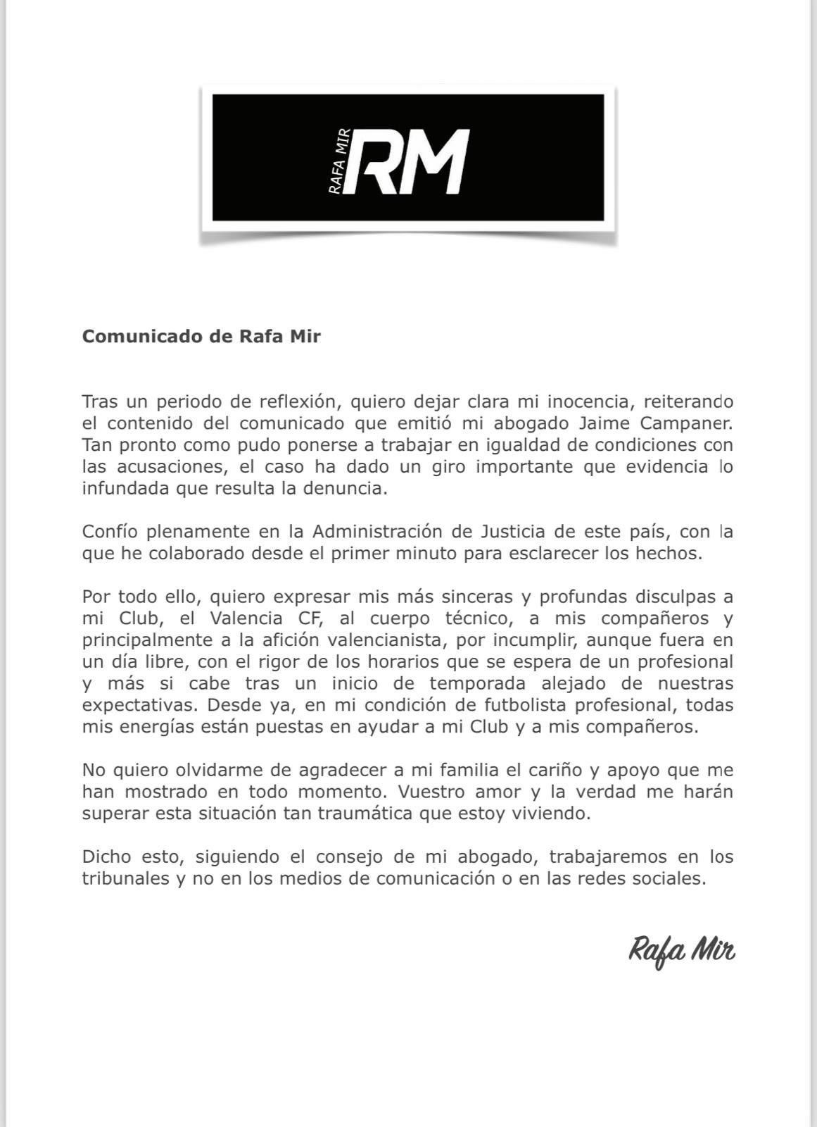 El comunicado emitido por Rafa Mir.