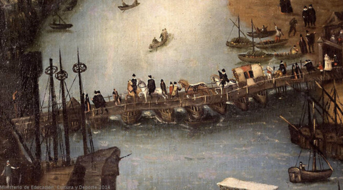  ¿Cómo fue el naufragio de 1763?. El Puente de barcas, siglo XV, óleo que se conserva en el Museo de América en Madrid.