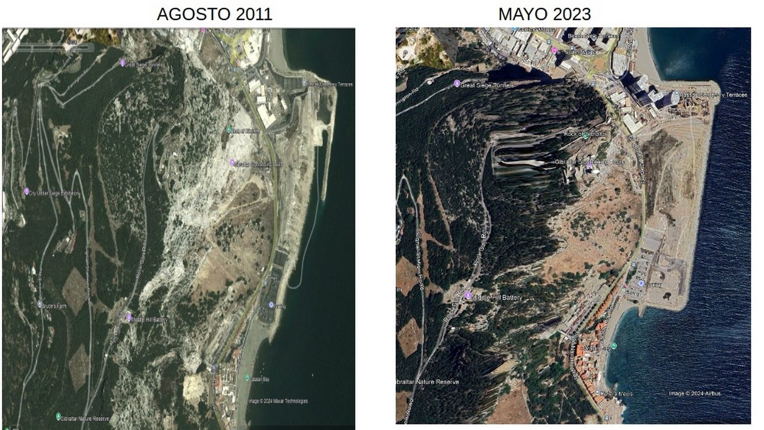 Terrenos ganados por Gibraltar al mar desde hace 15 años.