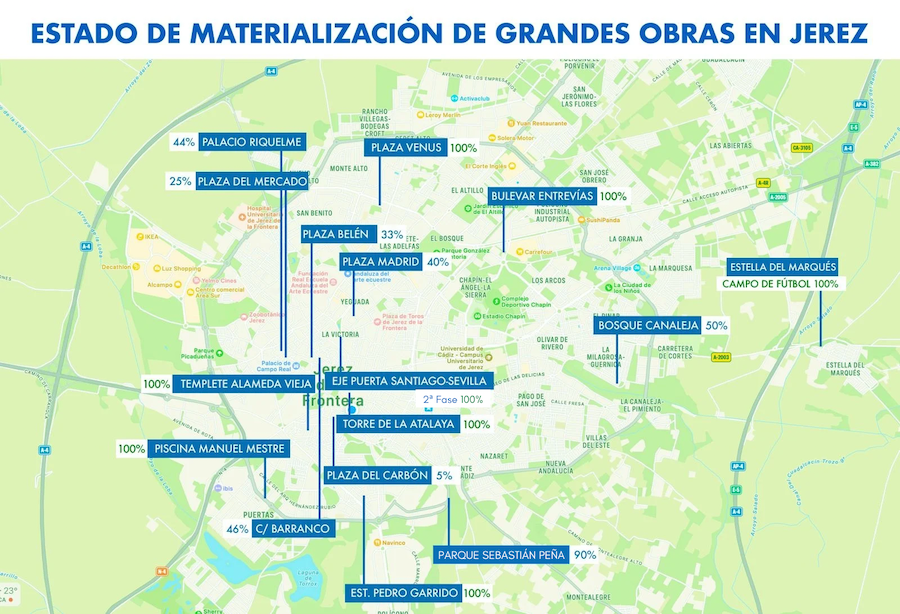 Mapa de obras culminadas en Jerez durante este mandato.