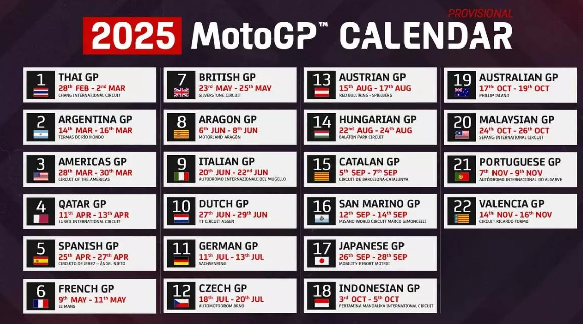 Calendario del Mundial de Motociclismo para 2025.