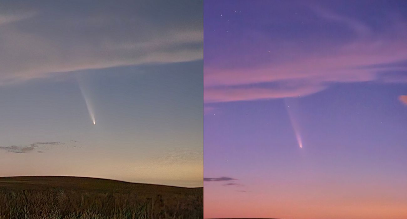 Dos imágenes desde la campiña de Jerez del 'cometa del siglo'.   FOTO: IGNACIO RODRÍGUEZ