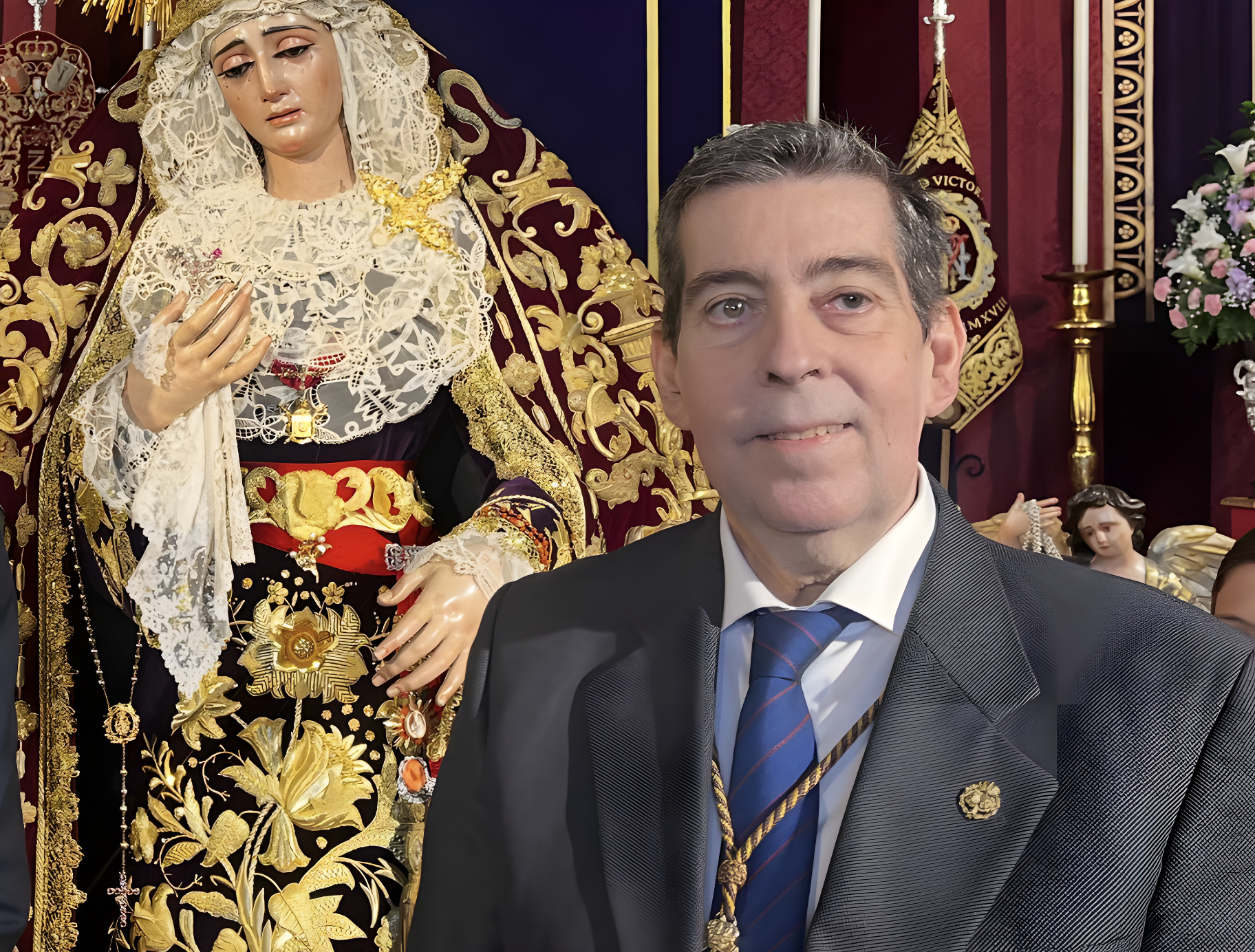 El hermano mayor de Las Cigarreras, con la Virgen de la Victoria. García Pastor ha fallecido este sábado.