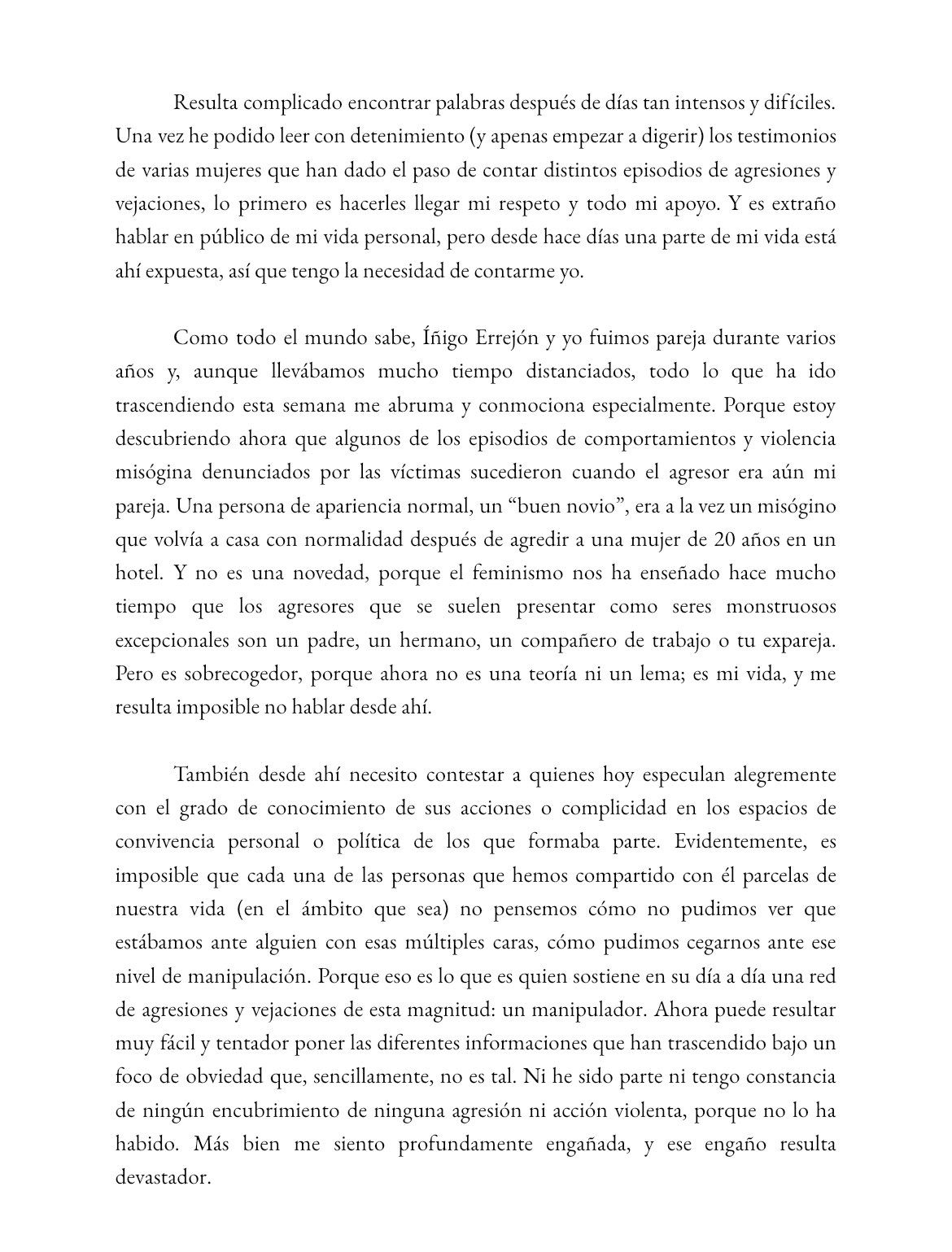 Primera parte de la carta de Rita Maestre.