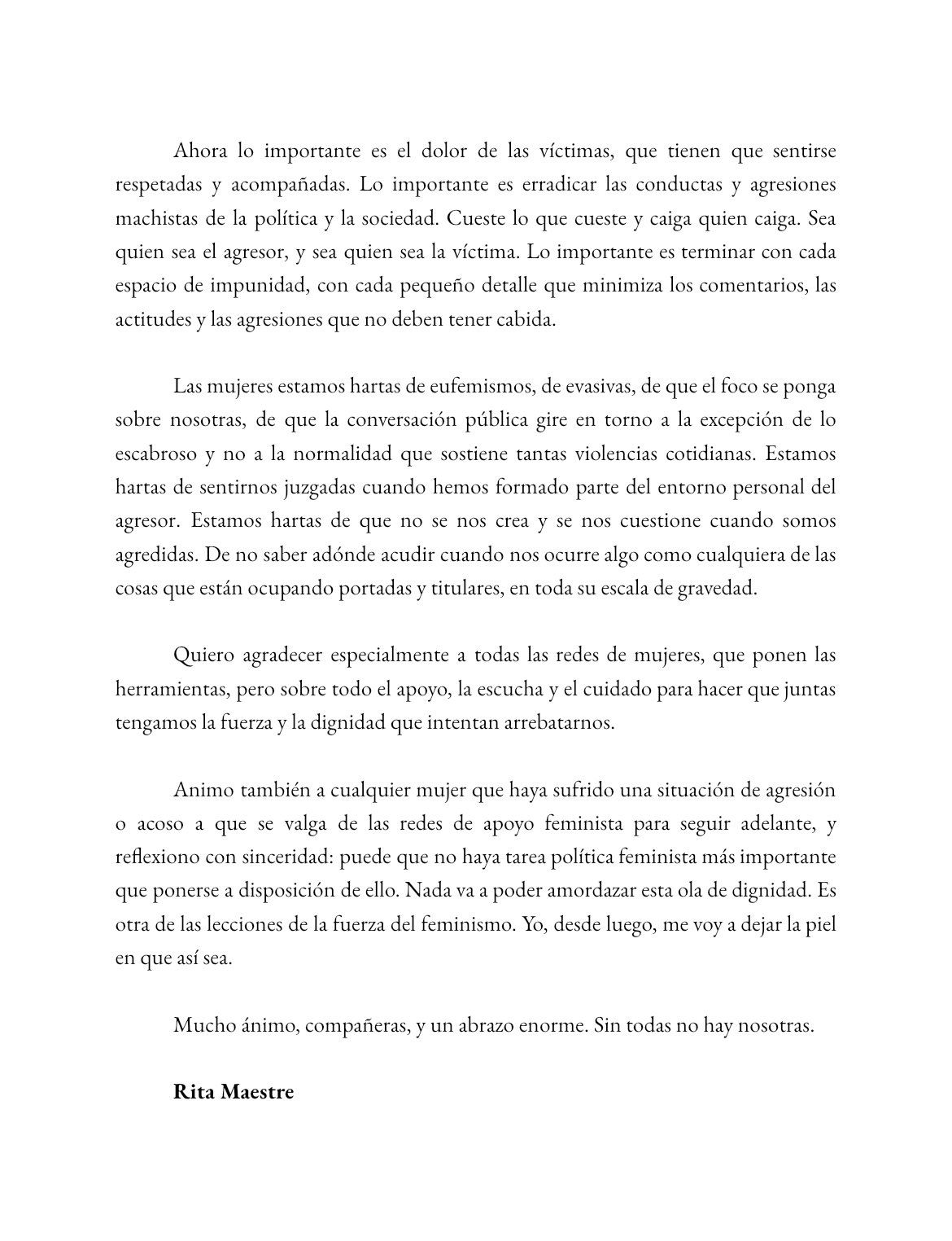 La carta de Rita Maestre ha sido publicada en X.