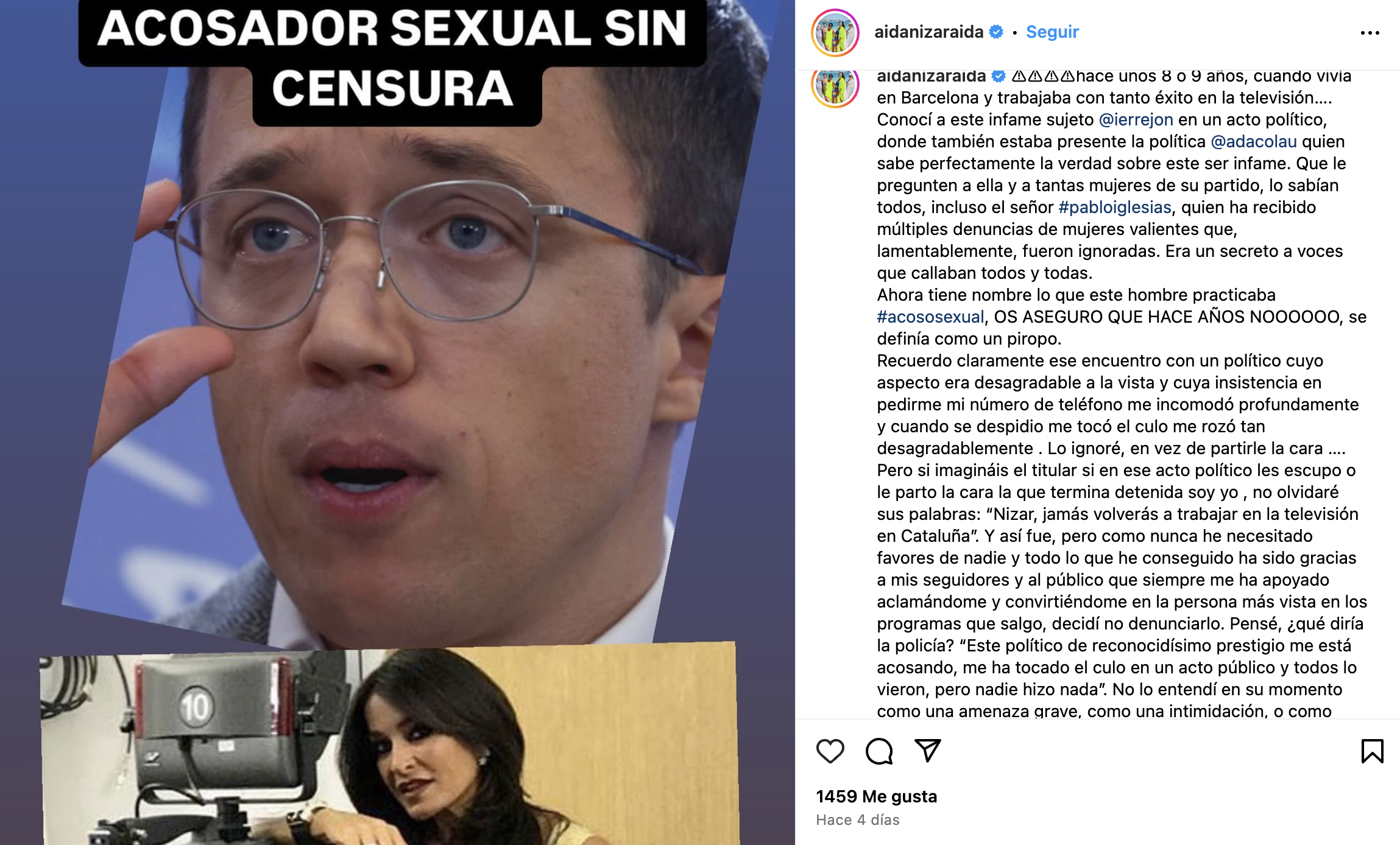 En Instagram, Aída Nízar ha explicado la agresión de Errejón en 2015.