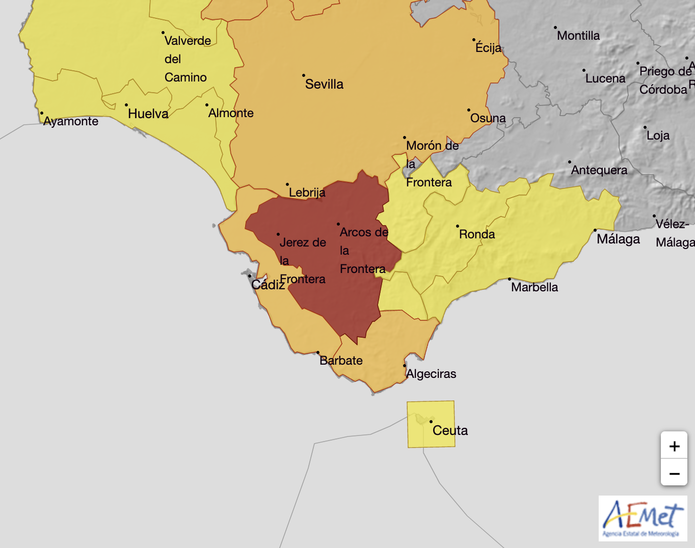 La Aemet coloca en rojo la alerta en la Sierra y Campiña de Jerez hasta la noche.