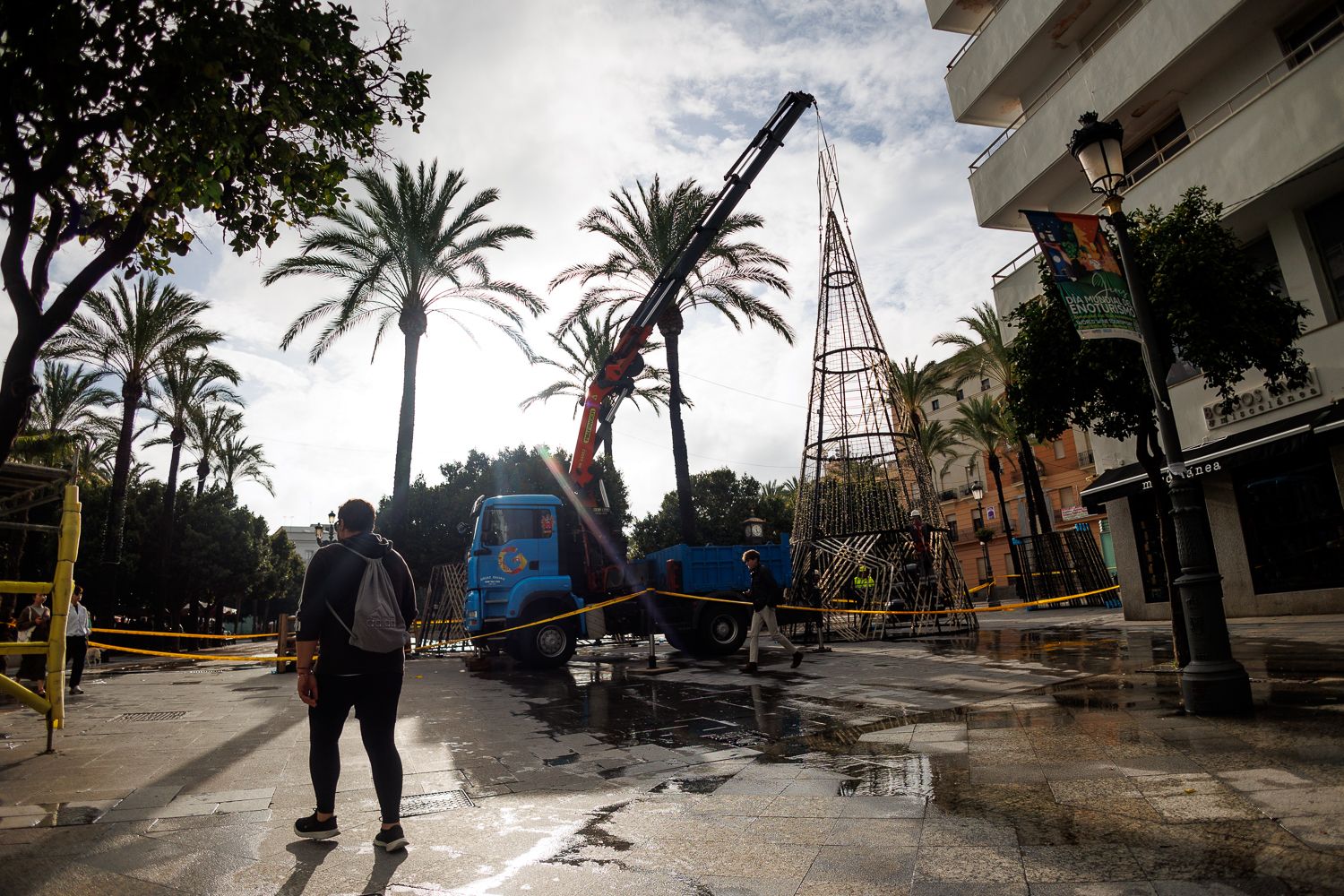 Instalación del árbol de Navidad en la plaza del Arenal de Jerez.