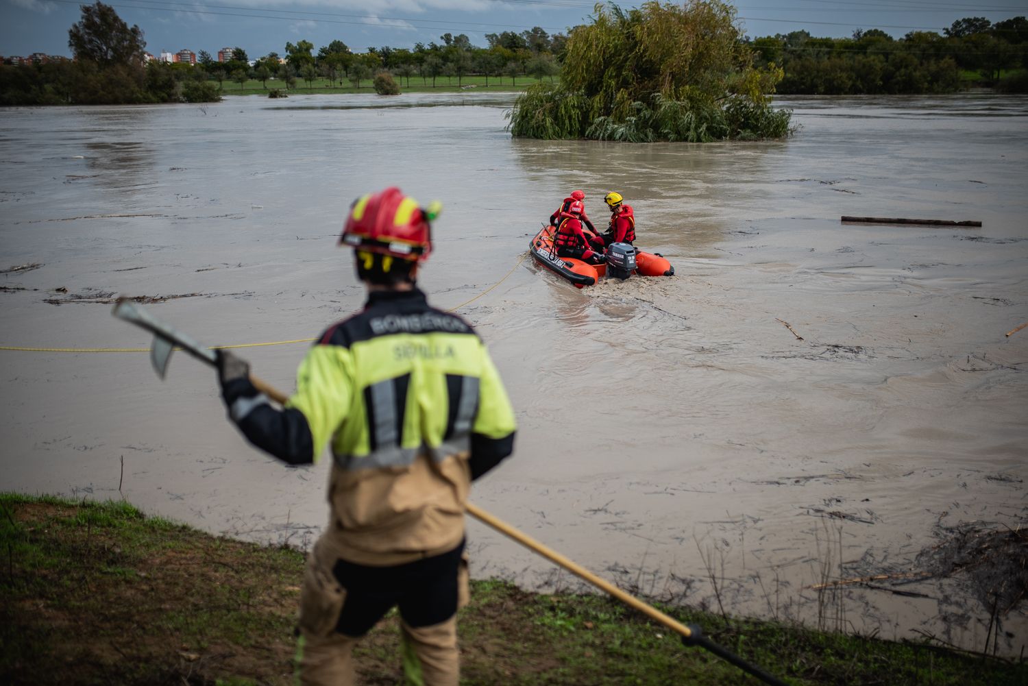 El operativo en el río Guadaíra en Sevilla para intentar sacar a dos caballos atrapados.