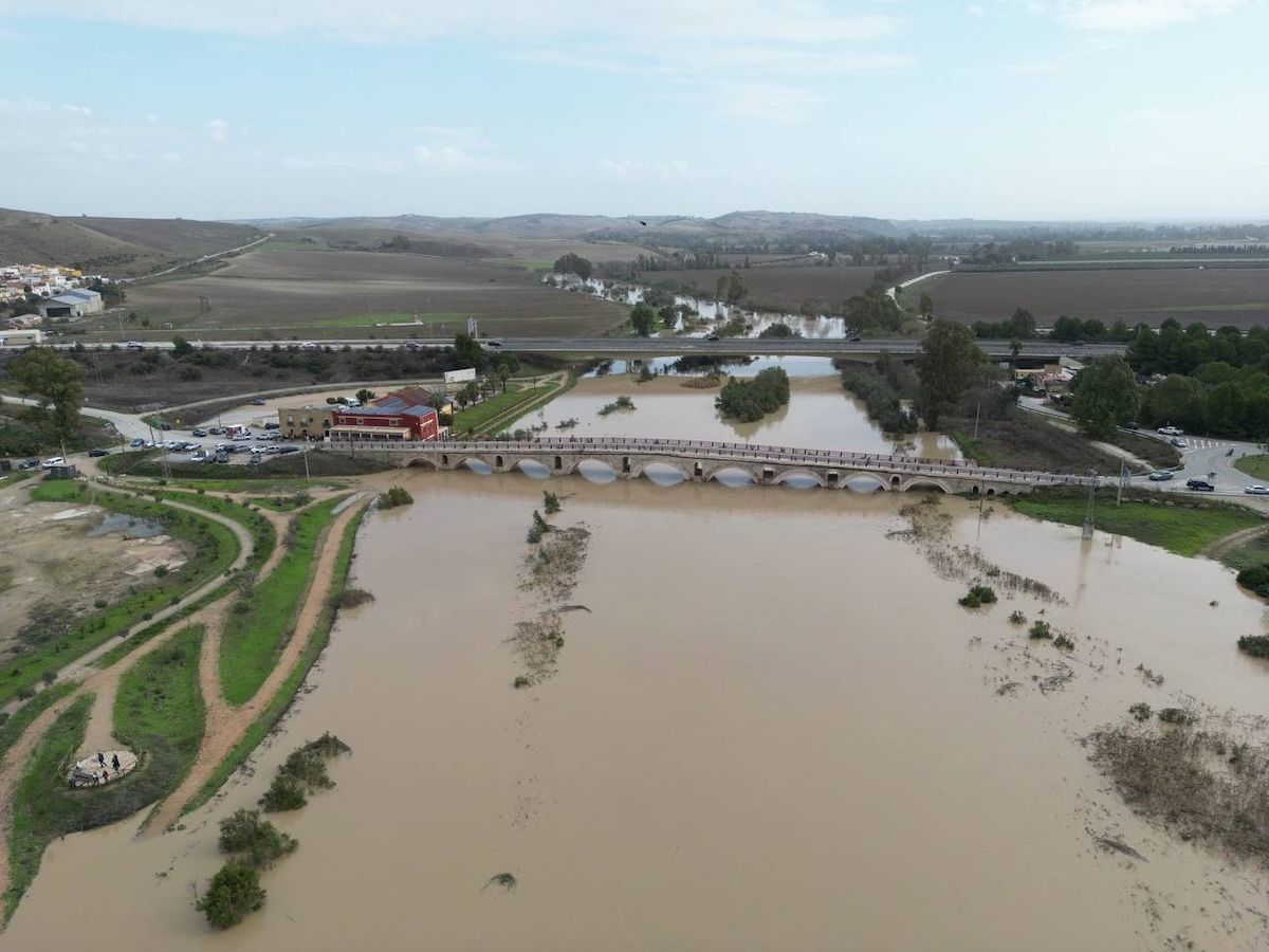 Imagen del puente de la autopista y de la Cartuja tras el desalojo de los vecinos de Jerez por el desborde del Guadalete.