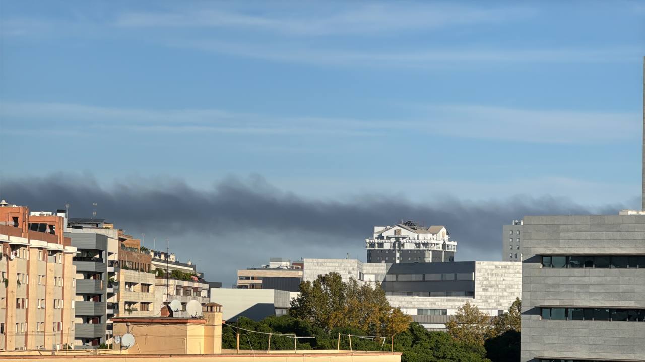 Humareda por un incendio declarado en una nave del polígono industrial Majaravique, en La Rinconada. 