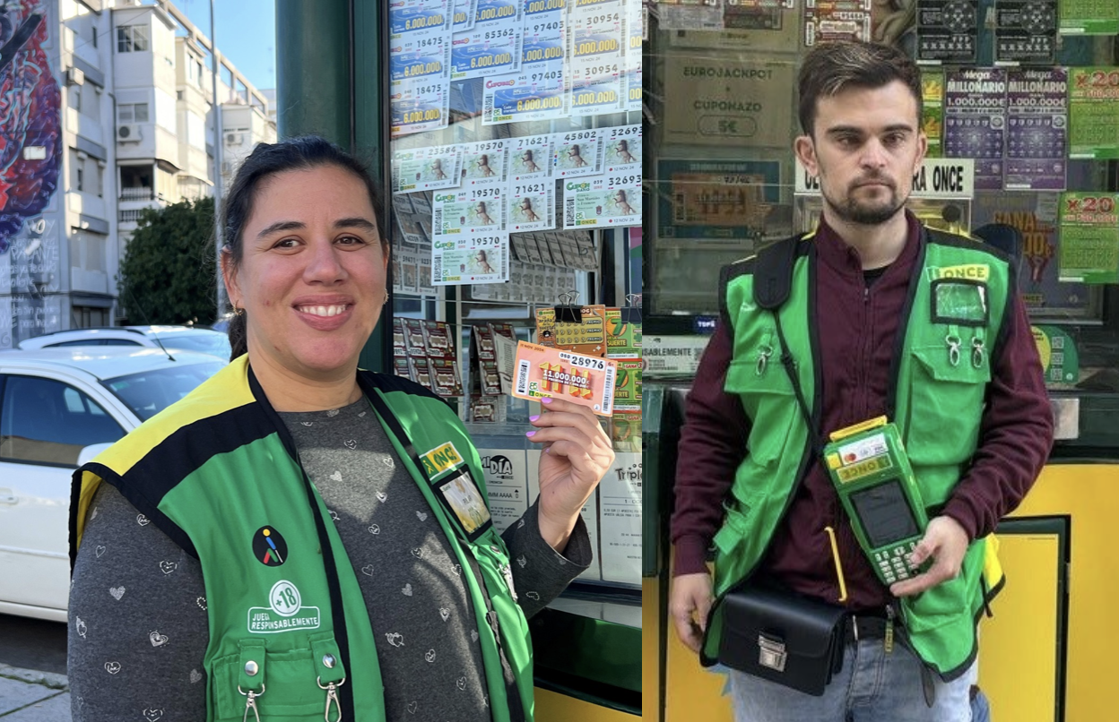 Pilar Contreras y Juan Francisco Gómez, vendedores de la ONCE. Dos millones de euros alegra a Valencia y otro importante premio cae en media Andalucía