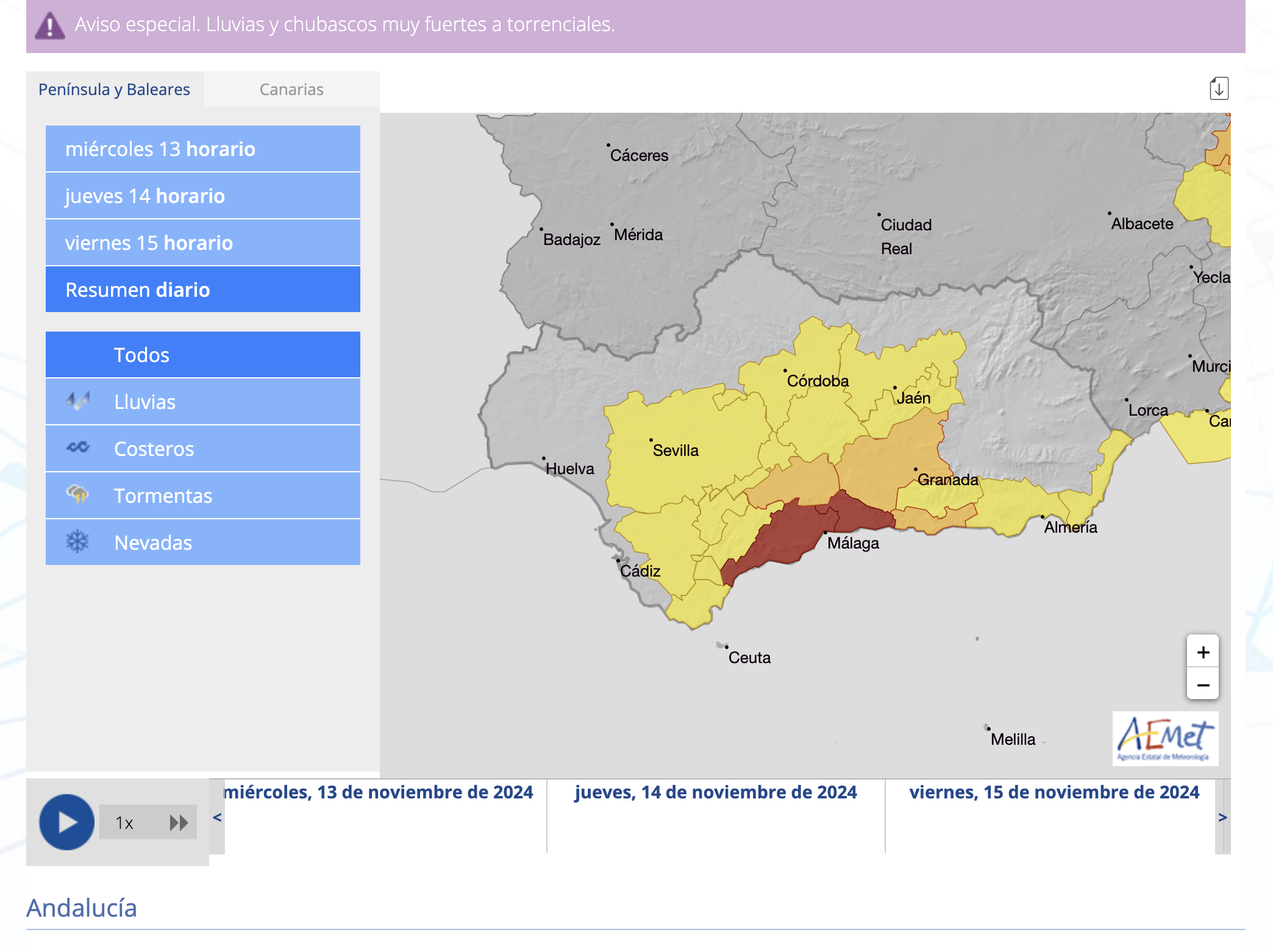 Alertas de la Aemet hoy miércoles en Andalucía.