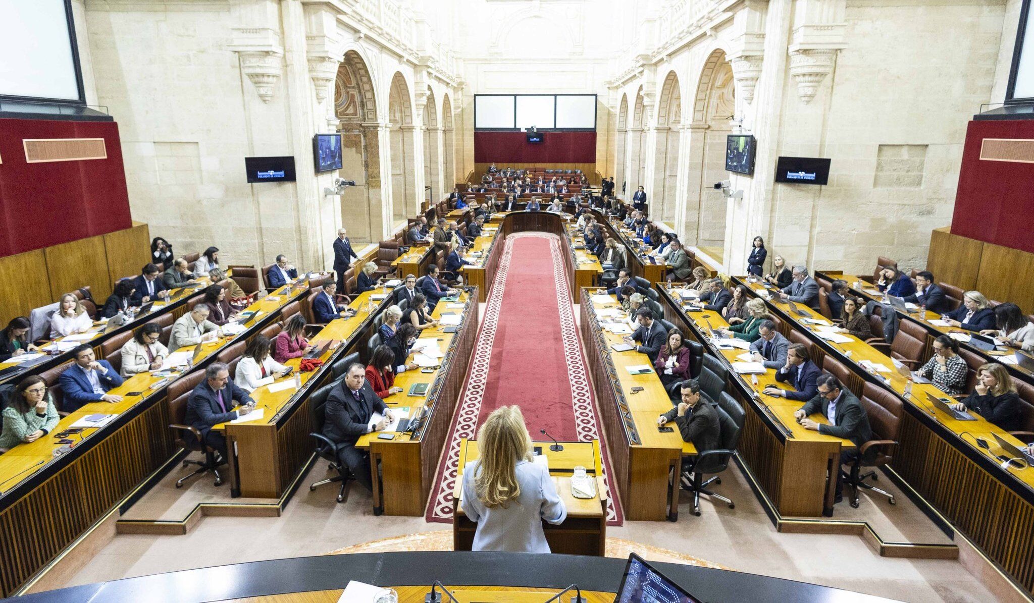 La consejera Carolina España, durante su alocución en el Parlamento presentando los presupuestos de la Junta de 2025.