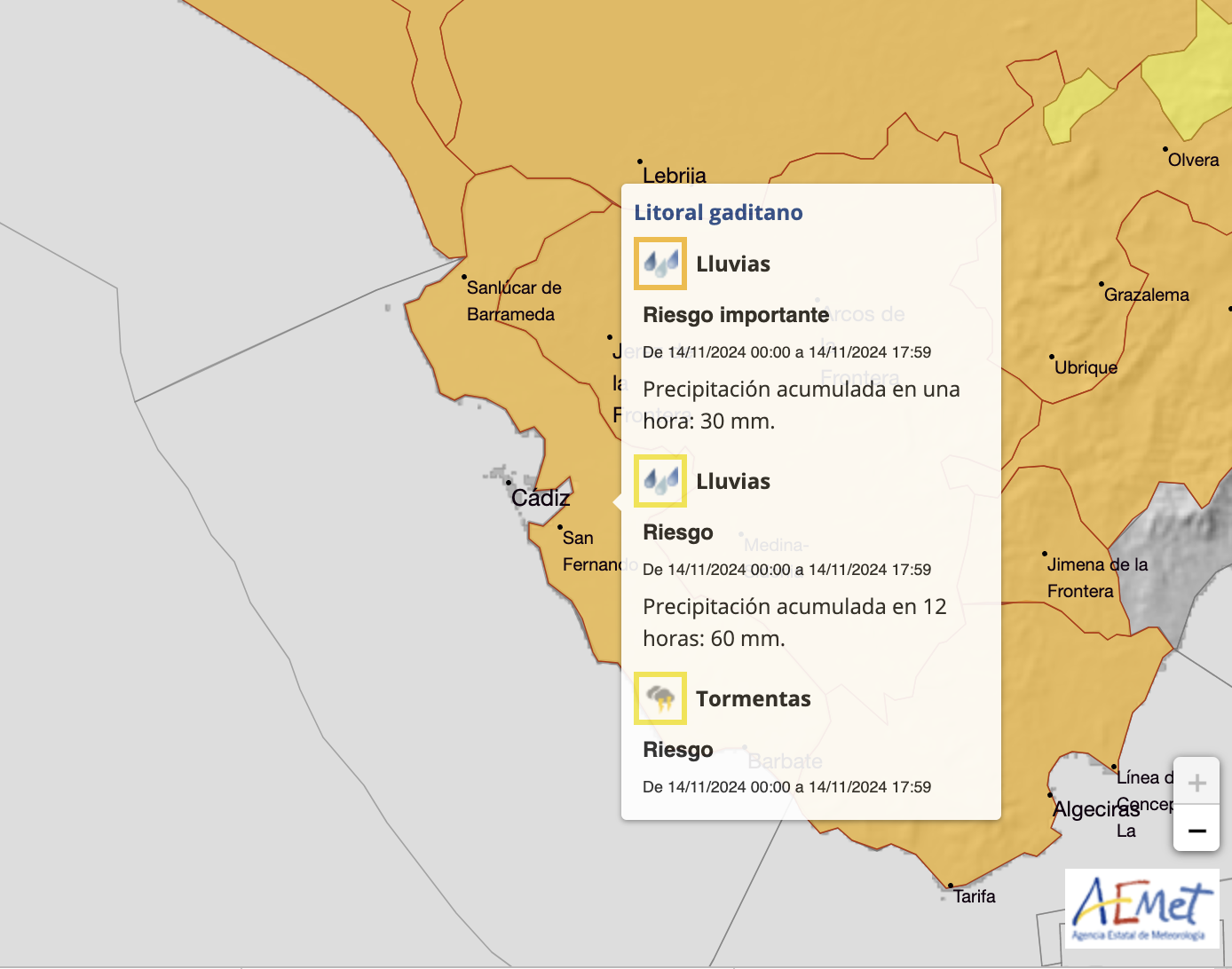 Aviso de la Aemet hasta las 17:59 horas de hoy jueves.