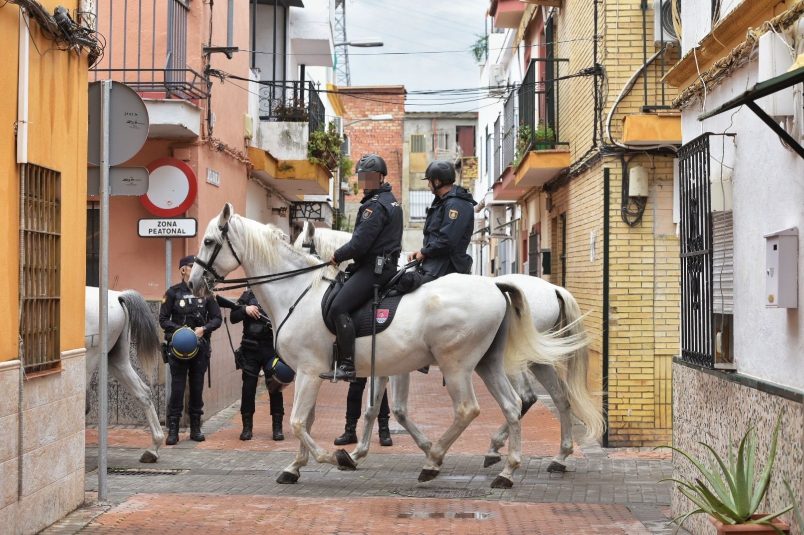 Agentes a caballo en La Bachillera, en la zona norte de Sevilla, en una operación contra el narcotráfico este jueves.