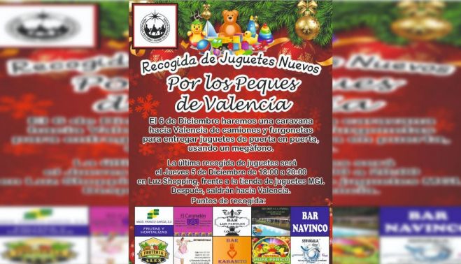 Cartel de la caravana solidaria de juguetes para los pequeños de Valencia.