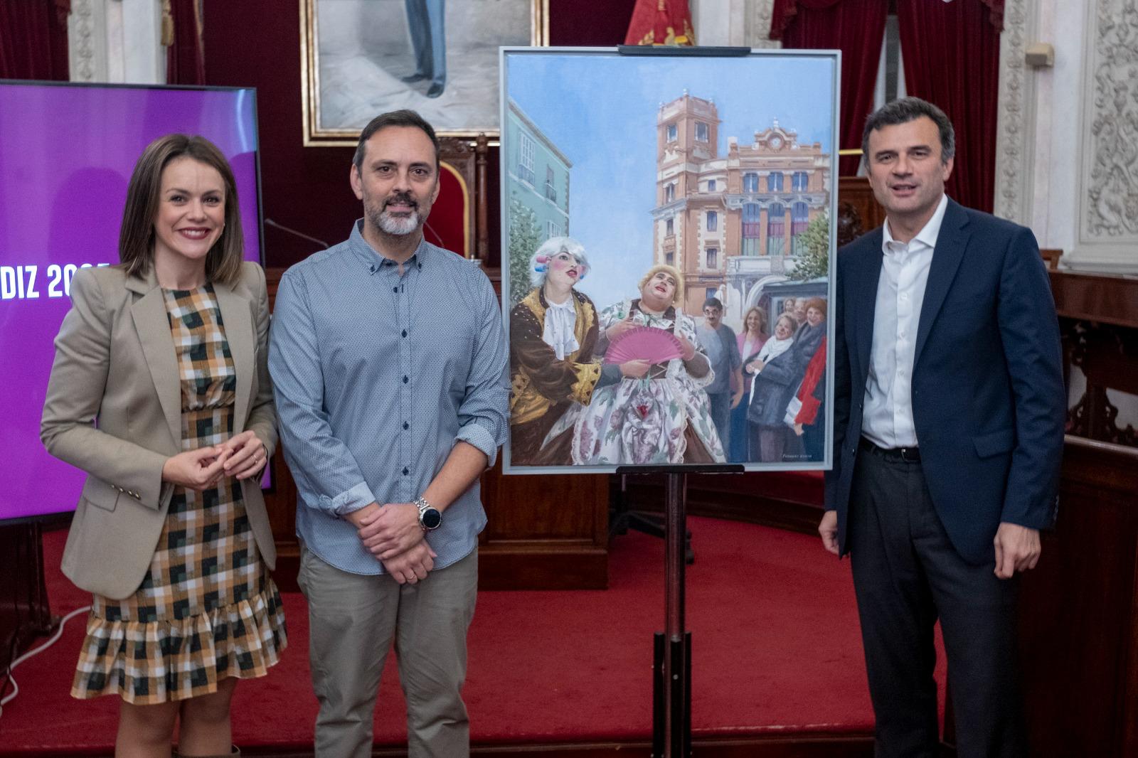 Concejala de Fiestas, autor y alcalde de Cádiz posan con el cartel de Carnaval 2025.