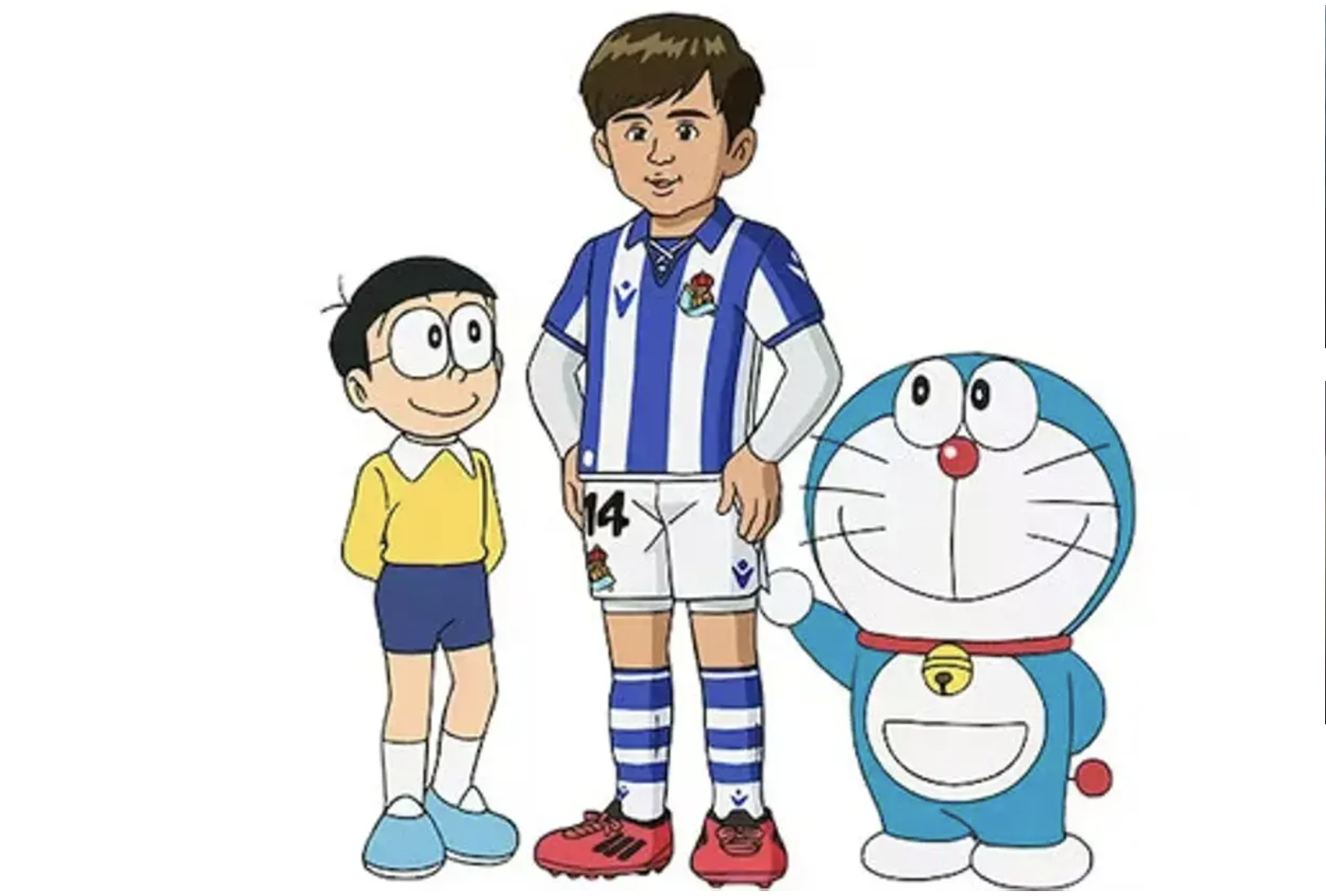 Nobita y Doraemon, con Kubo, jugador de la Real Sociedad que participará en un capítulo especial de esta serie de dibujos animados.