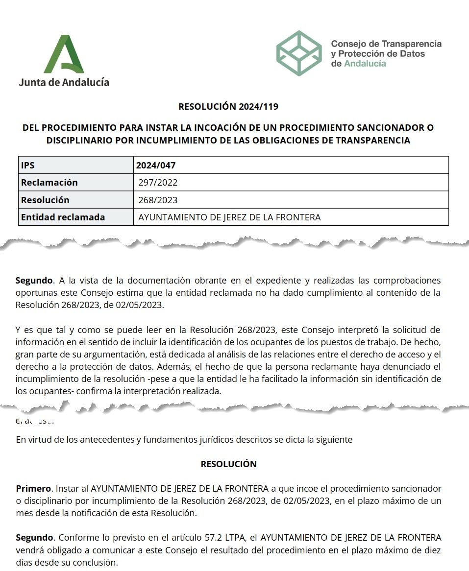 Expediente abierto de la Junta por transparencia al Ayto de Jerez.