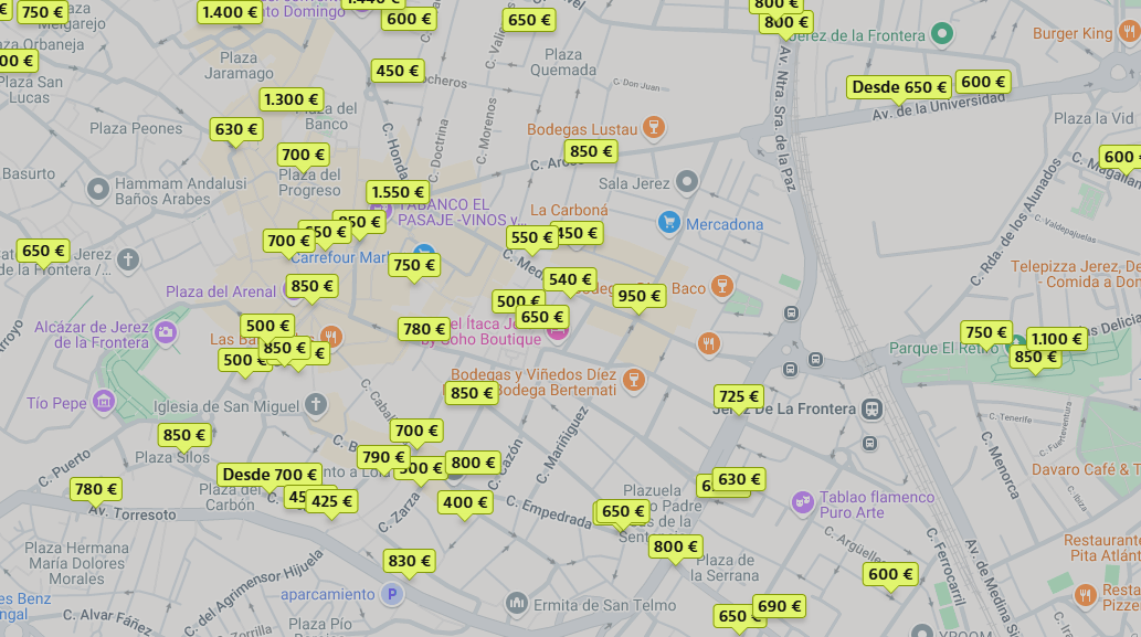 El mapa de los precios de alquiler en Jerez.