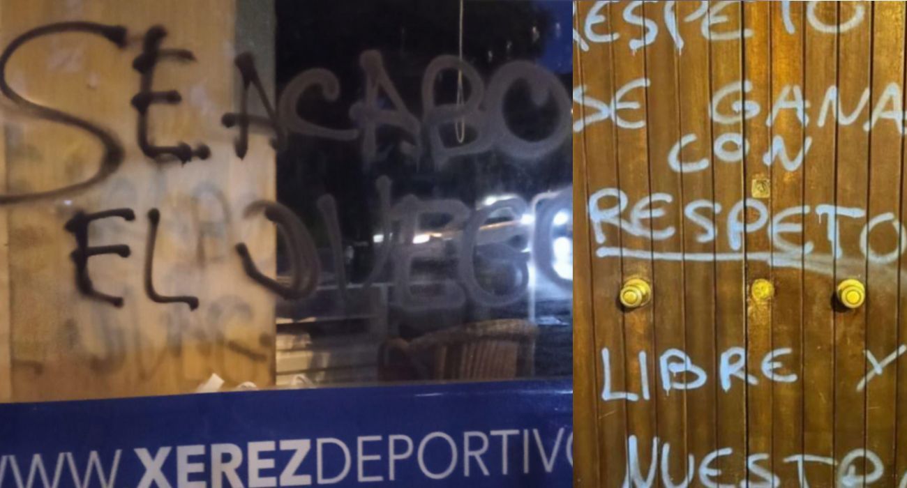 Pintada en la sede del Xerez Deportivo FC y en la vivienda de un socio del Xerez CD. Los presidentes de ambos clubes han sido citados por Pelayo.