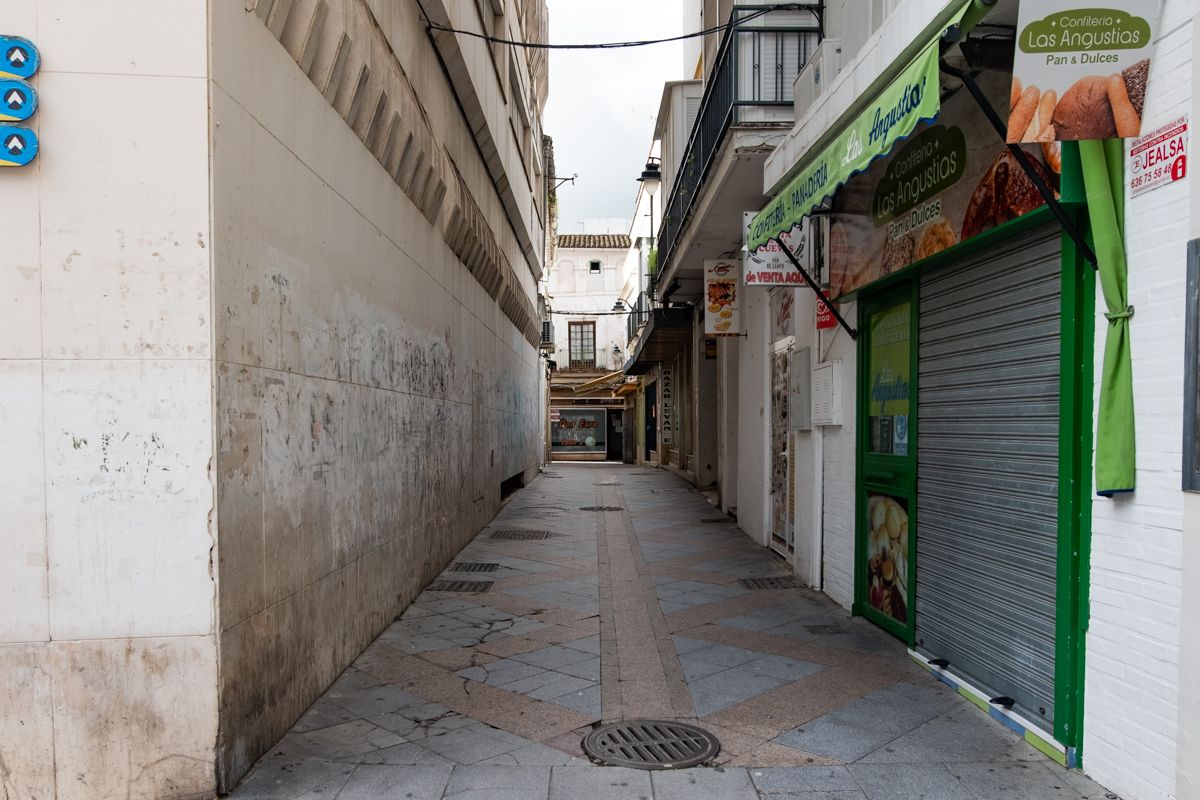Una calle del centro de Jerez, con los comercios chapados durante el cierre de la actividad no esencial.